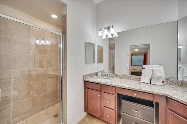 a view of a swimming pool and an outdoor space