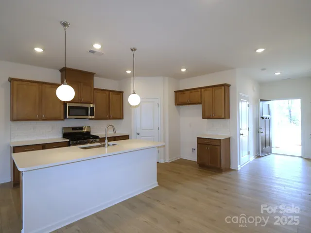 a kitchen with granite countertop a sink cabinets and stainless steel appliances