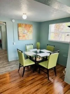 a view of a dining room with furniture and wooden floor