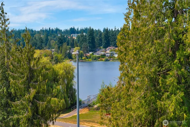 an aerial view of residential houses with outdoor space and lake view