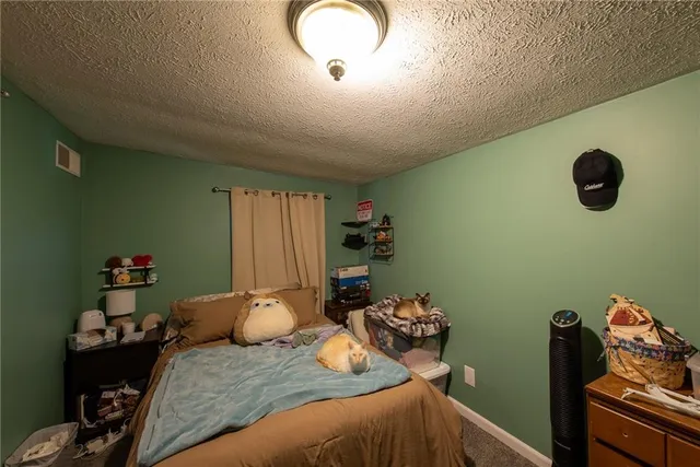 a bedroom with a bed and cabinets