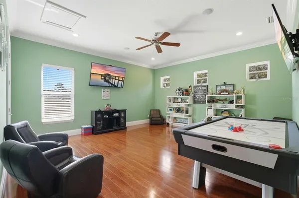 an aerial view of a house with a garden