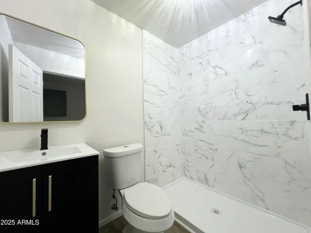a bathroom with a toilet sink a mirror and vanity