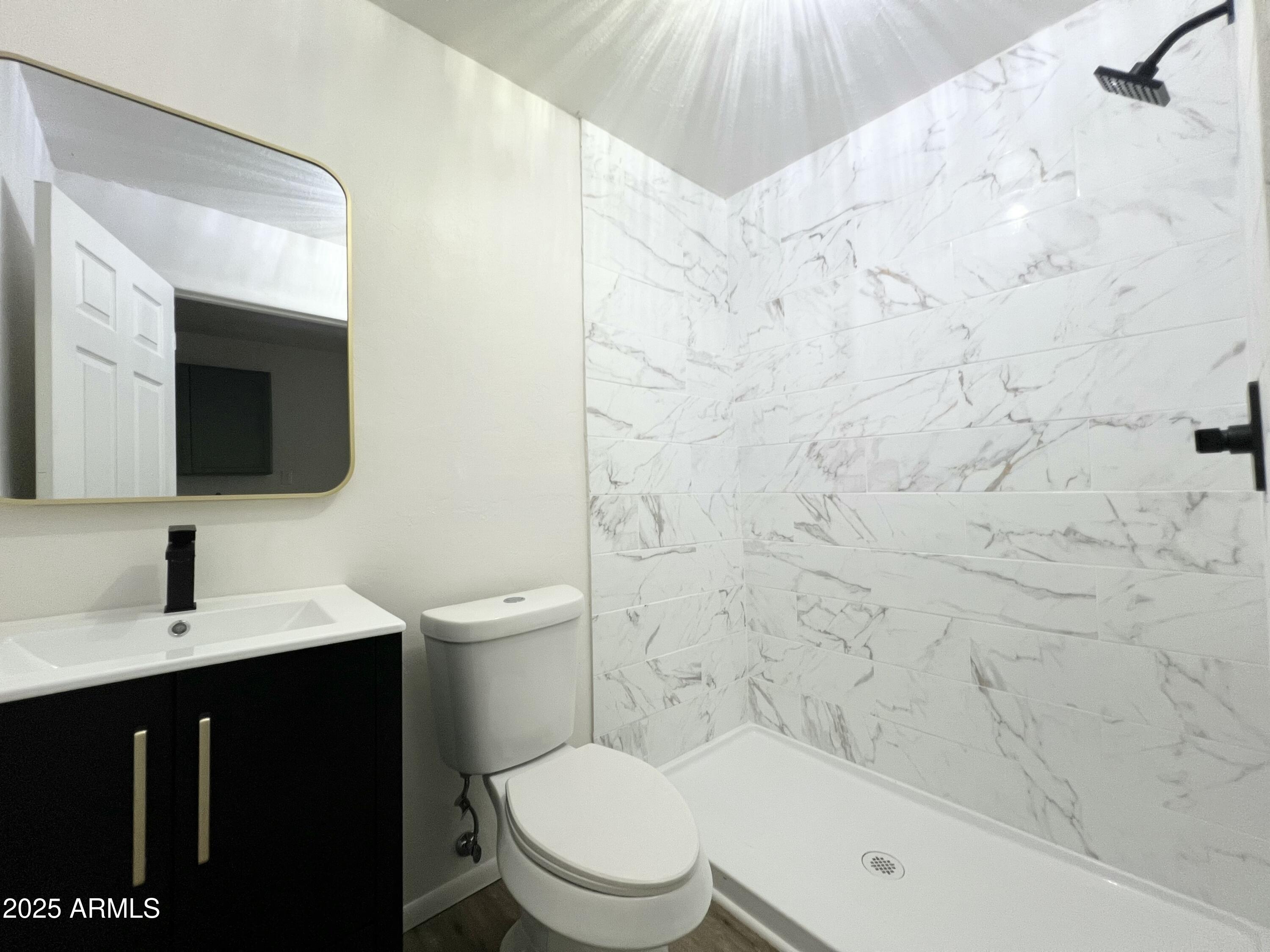 a bathroom with a toilet sink a mirror and vanity