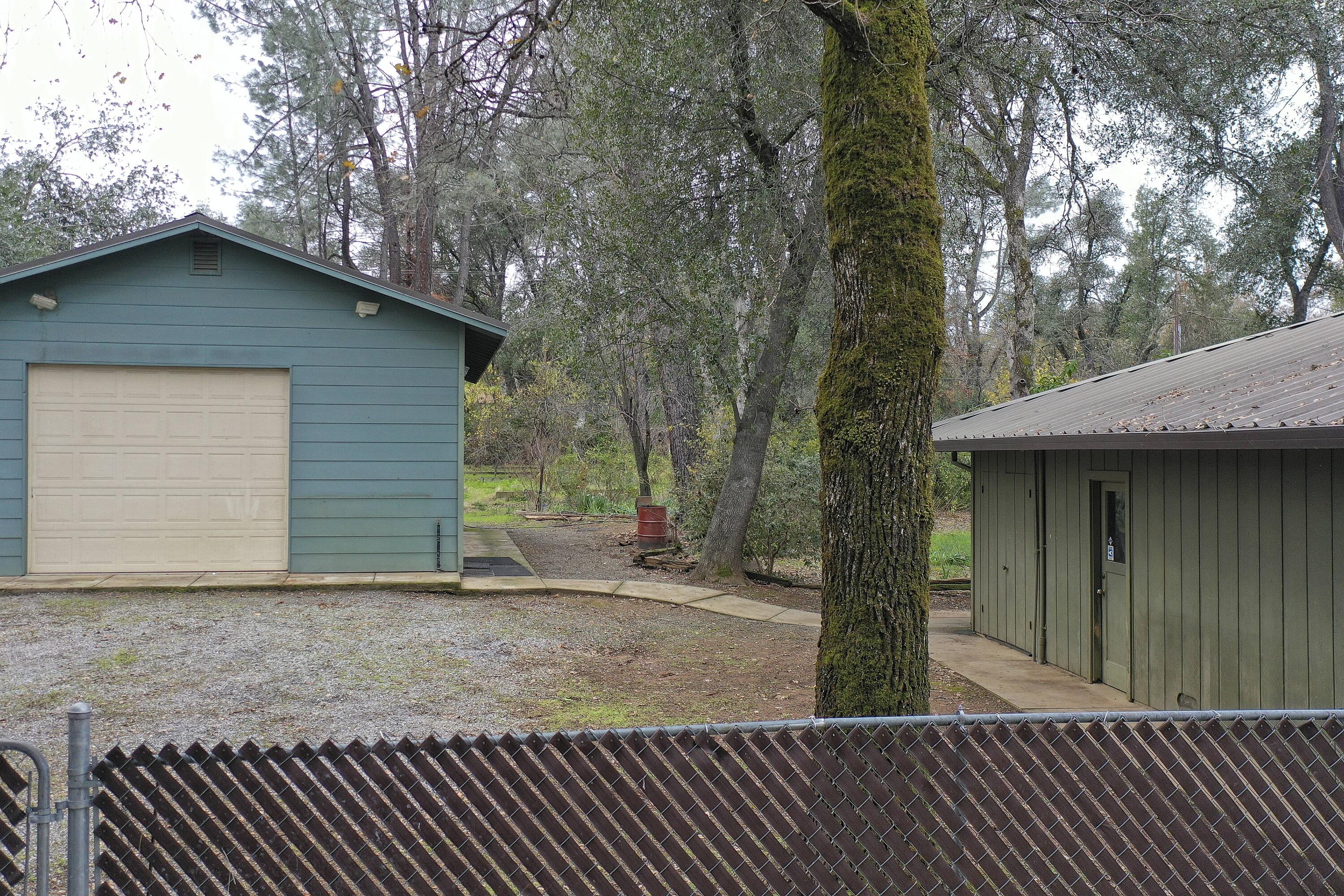 8440 Redbank Road Redding, CA 96001 - Photo 9 of 49 a backyard of a house with large trees and a wooden fence