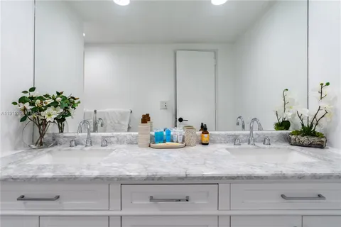 a kitchen with sink and a white counter top a potted plant