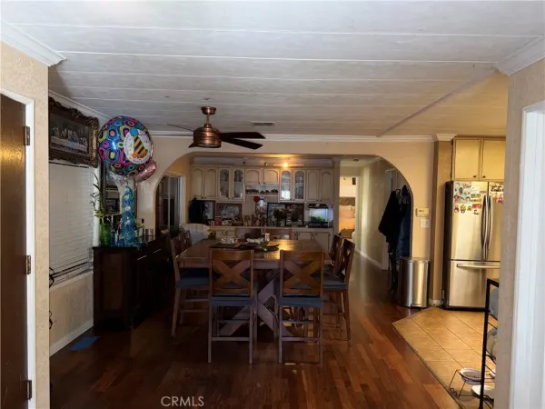 a view of a dining room with furniture