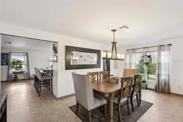 a view of a dining room with furniture window and outside view