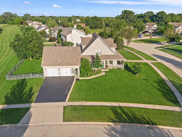 a view of a garden with large trees