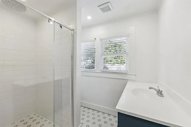 a bathroom with a sink and a shower