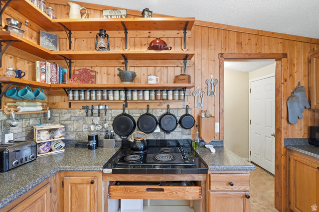 8066 North Valley View Heights Preston, ID 83263 - Photo 14 of 34 Kitchen featuring wood paneling, open shelving with decorative brackets, stone tile backsplash, a built-in electric stovetop, and wood-finish cabinetry with dark hardware