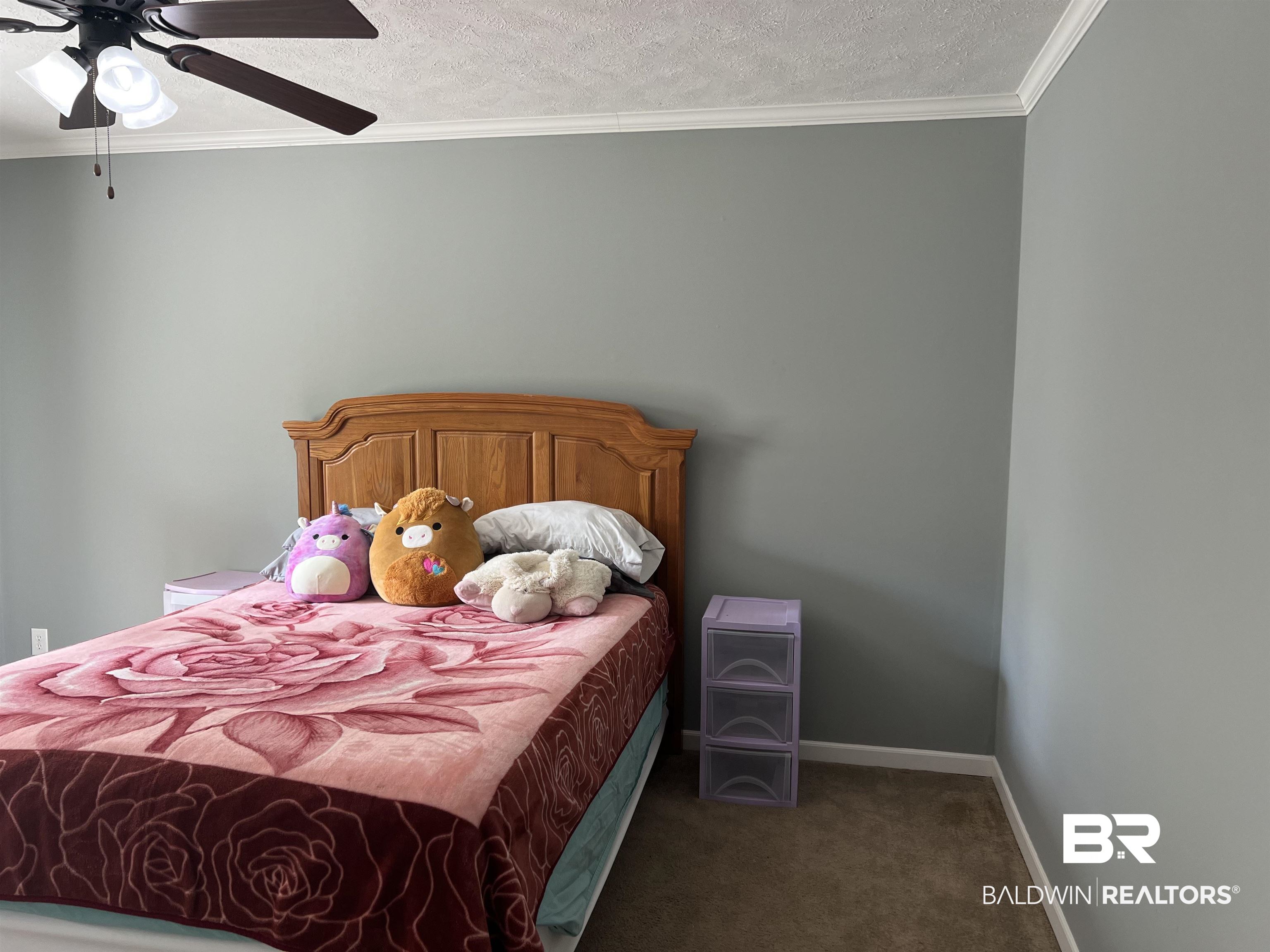 16824 Underwood Road Foley, AL 36535 - Photo 18 of 25 Bedroom featuring dark carpet, ceiling fan, crown molding, and a textured ceiling