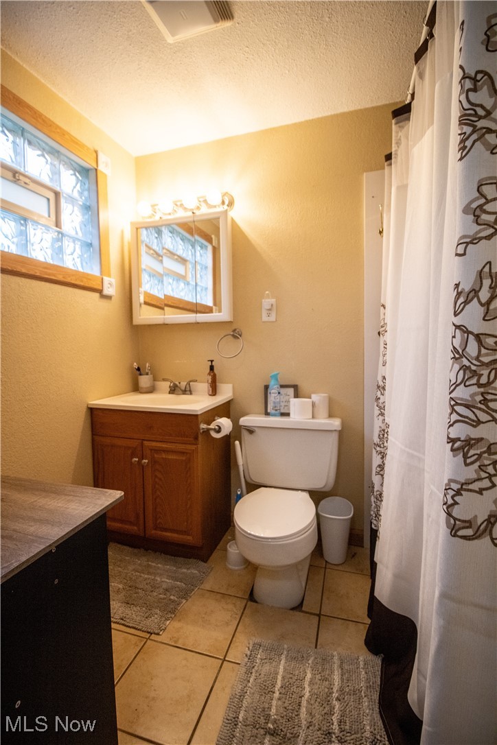 6333 Warren - Sharon Road Brookfield, OH 44403 - Photo 16 of 22 Full bathroom featuring vanity, a textured wall, a textured ceiling, a shower with curtain, and light tile patterned floors