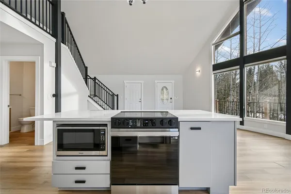 a kitchen with a stove and a microwave