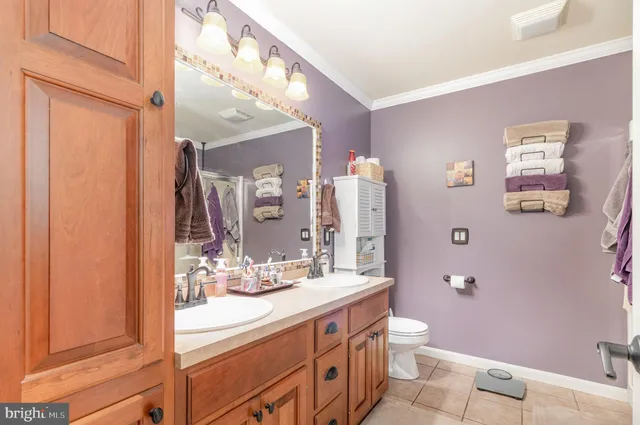 a bathroom with a double vanity sink mirror and toilet
