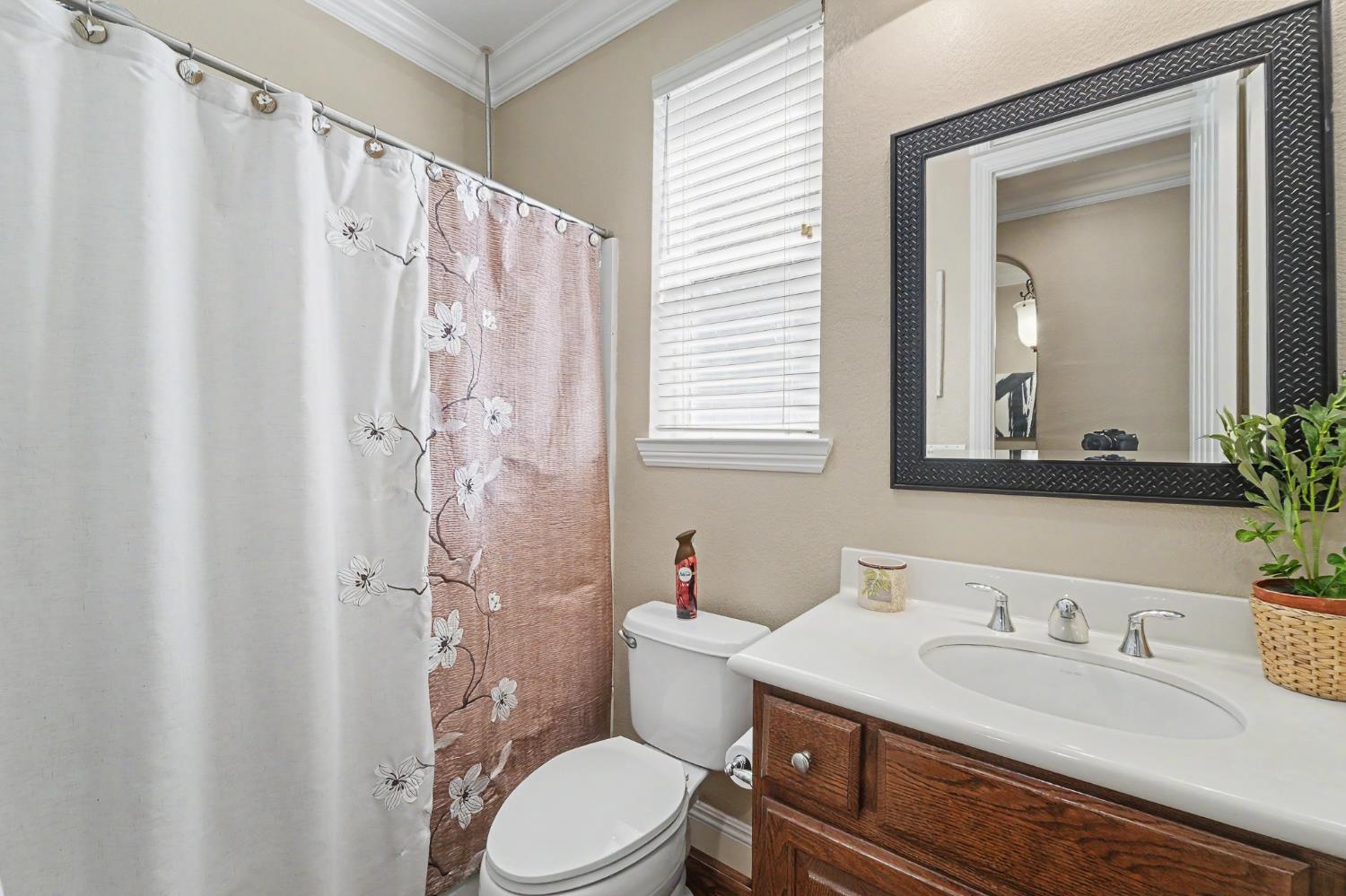 1223 East Springer Drive Turlock, CA 95382 - Photo 37 of 48 a bathroom with a granite countertop sink toilet a mirror and shower curtain
