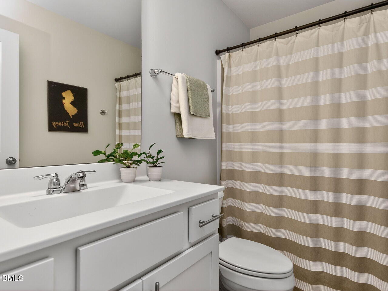111 Velten Ridge Drive Durham, NC 27713 - Photo 24 of 32 a bathroom with a sink a toilet a mirror and shower curtain