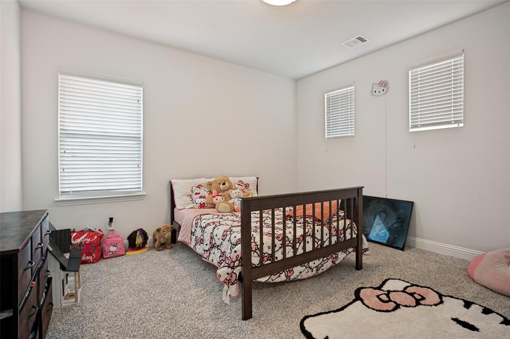 3115 Giovanni Point Princeton, TX 75407 - Photo 20 of 26 Bright room featuring plush carpet flooring, multiple windows with blinds, a dark wood-finish bed frame, and a flush-mount ceiling light