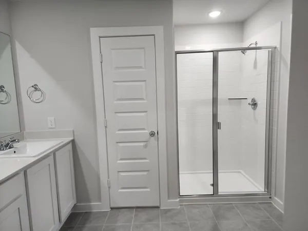 a bathroom with a shower and a sink