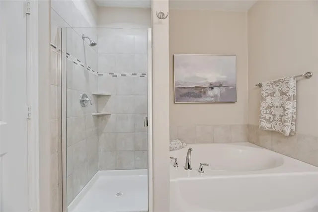 a bathroom with a bathtub and shower