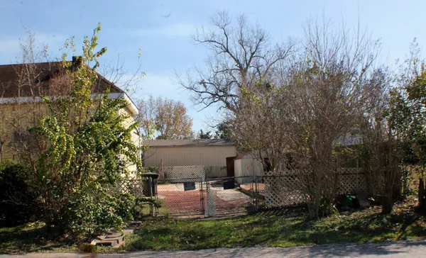 a view of a backyard with plants and outdoor seating