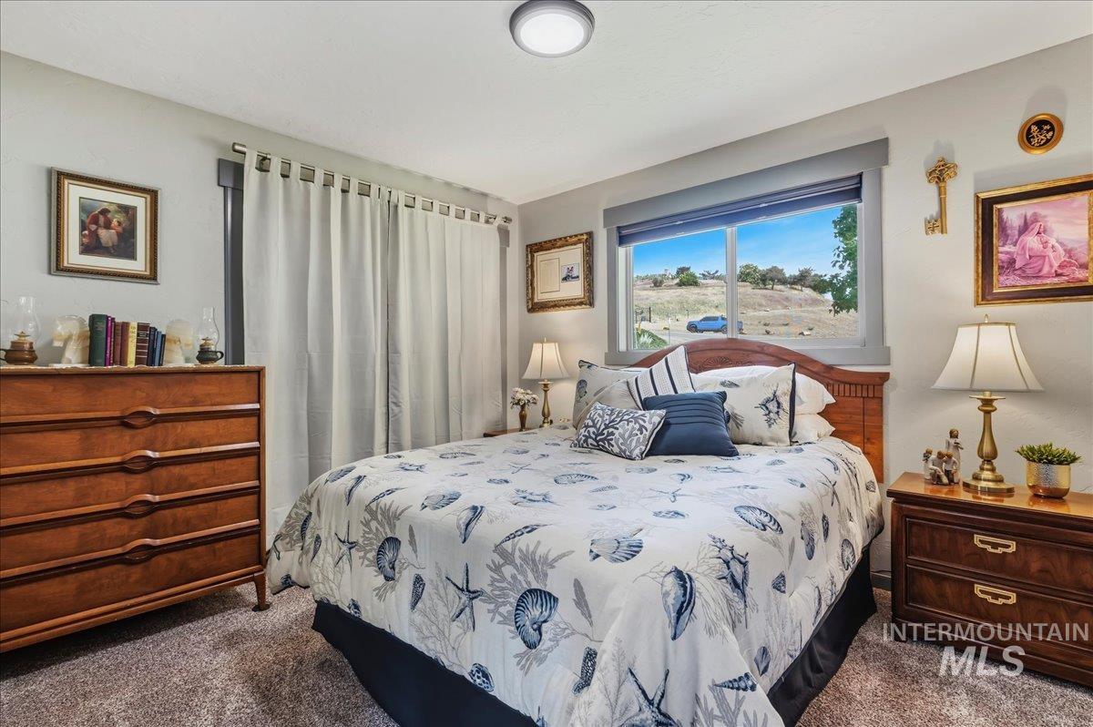 6323 Foothill Road Star, ID 83669 - Photo 22 of 50 Bedroom featuring a wood-finish headboard, window with outdoor scenery, ceiling-mounted light fixture, and carpeted flooring