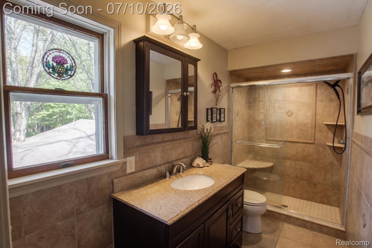 5278 Skelton Road Columbiaville, MI 48421 - Photo 50 of 64 Full bathroom featuring a single-sink vanity with a light-colored countertop, dark wood-finish cabinetry, and a mirrored medicine cabinet
