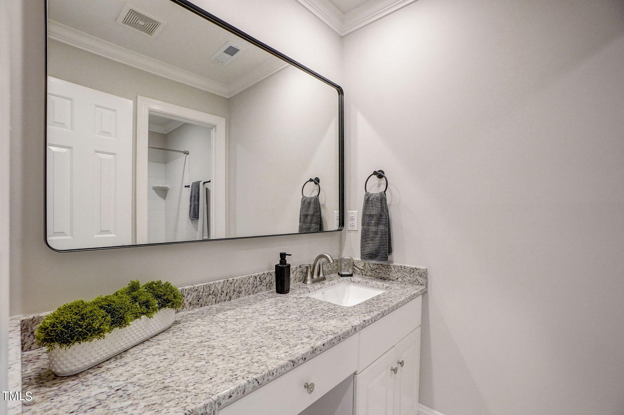5101 Roseland Court Raleigh, NC 27613 - Photo 43 of 71 a bathroom with a granite countertop sink and a mirror