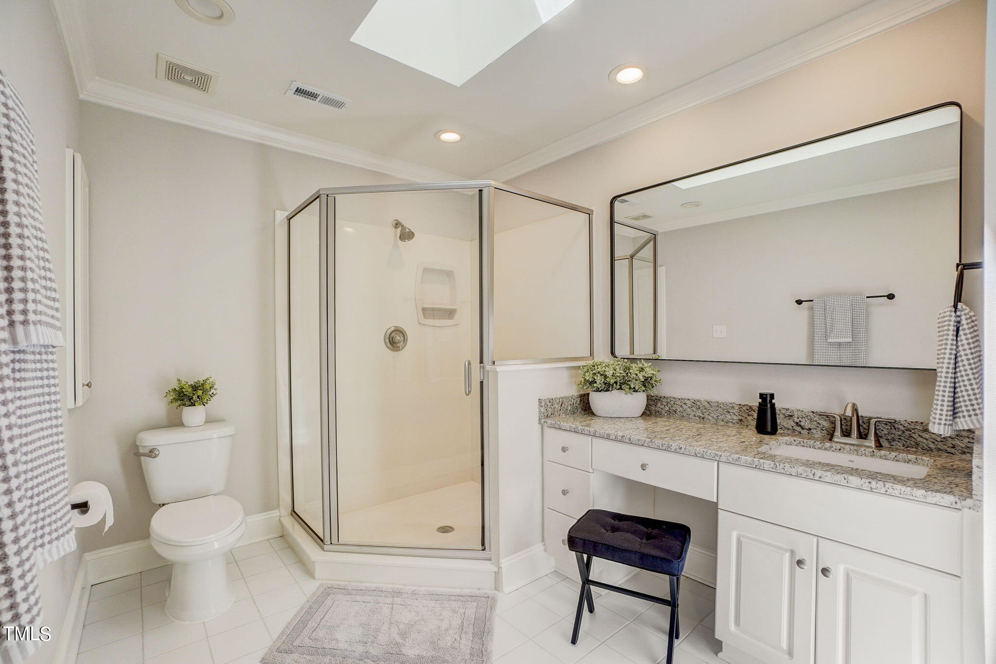 5101 Roseland Court Raleigh, NC 27613 - Photo 49 of 71 a spacious bathroom with a granite countertop sink toilet a mirror a vanity and a shower