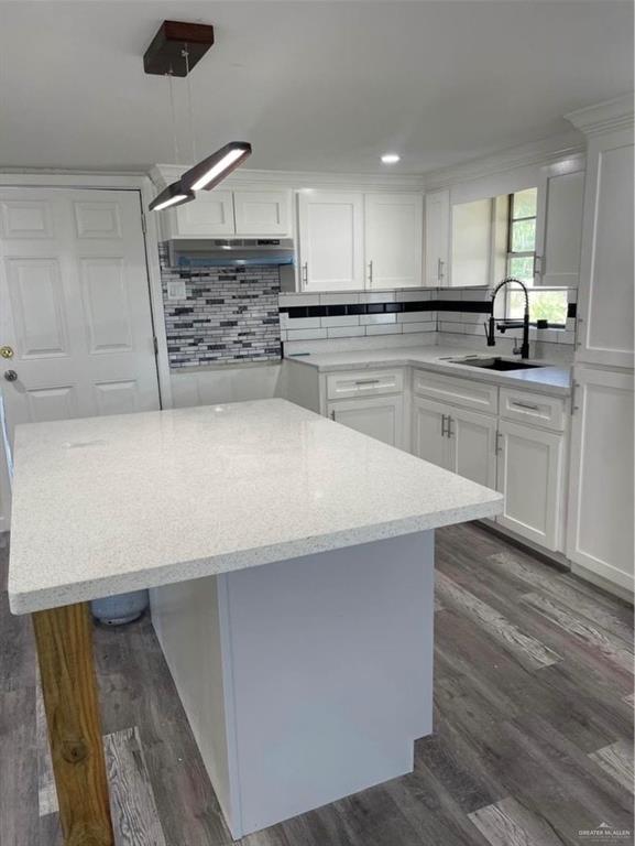 8515 Las Comadres Street Mission, TX 78574 - Photo 5 of 6 Kitchen featuring white cabinets, backsplash, light stone counters, dark wood-style flooring, and recessed lighting