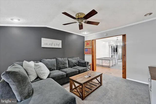 a living room with furniture and a ceiling fan