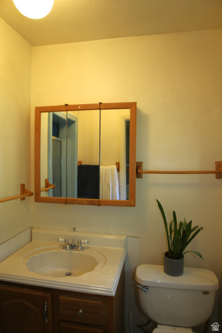 1612 East 450 South Springville, UT 84663 - Photo 29 of 48 Bathroom featuring a wood-framed medicine cabinet, vanity with integrated sink, and white toilet