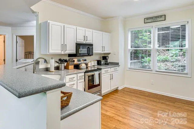 a kitchen with stainless steel appliances granite countertop a stove a sink and a microwave