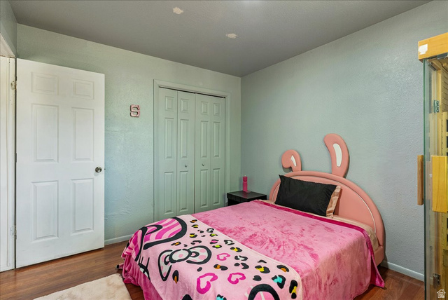 11 South Clark Lane Elk Ridge, UT 84651 - Photo 19 of 46 Bedroom with wood finished floors, a closet, and a textured wall