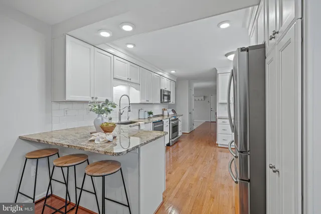 a view of a dining room with furniture