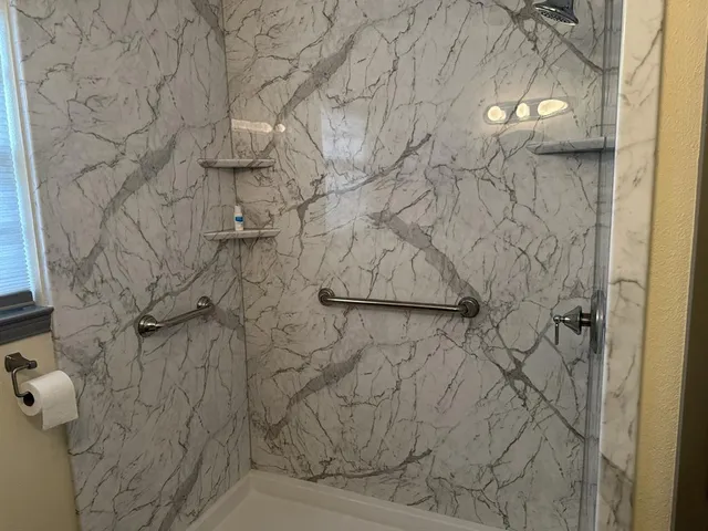 a bathroom with a bathtub