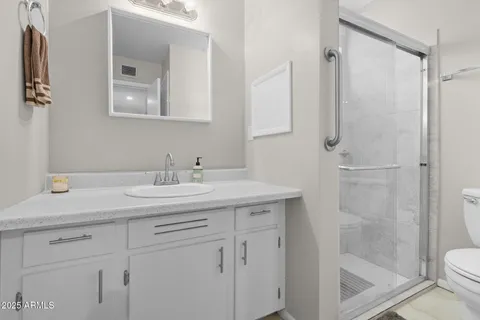 a bathroom with a sink a toilet and shower
