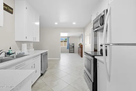 a view of a dining room with furniture
