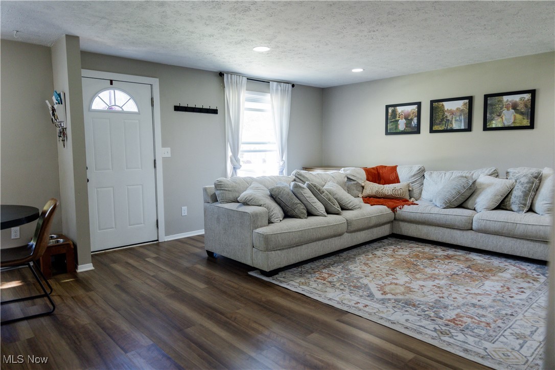 5861 Lee Avenue North Ridgeville, OH 44039 - Photo 4 of 20 Living room with healthy amount of natural light, a textured ceiling, dark wood-type flooring, and recessed lighting