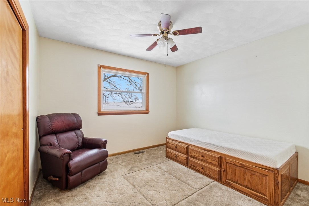 5208 Canaan Center Road Wooster, OH 44691 - Photo 18 of 33 Bedroom featuring baseboards, light carpet, and a ceiling fan