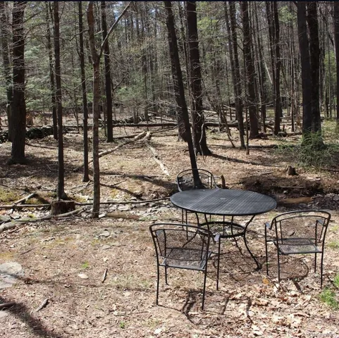a view of backyard with table and chairs and wooden fence