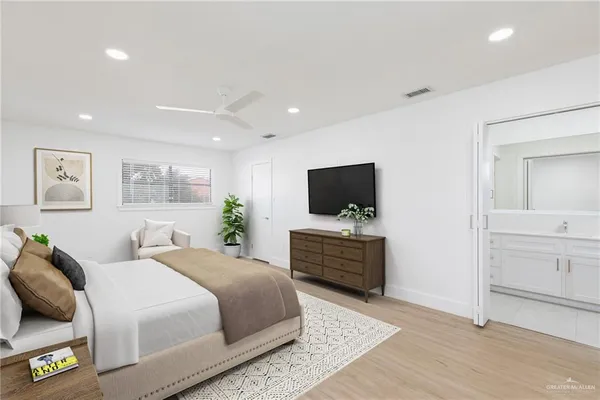 an empty room with a bathroom