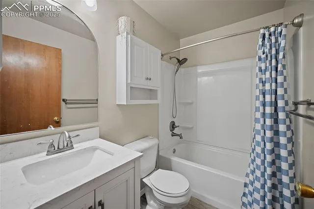 a bathroom with a sink a toilet a mirror a vanity and shower