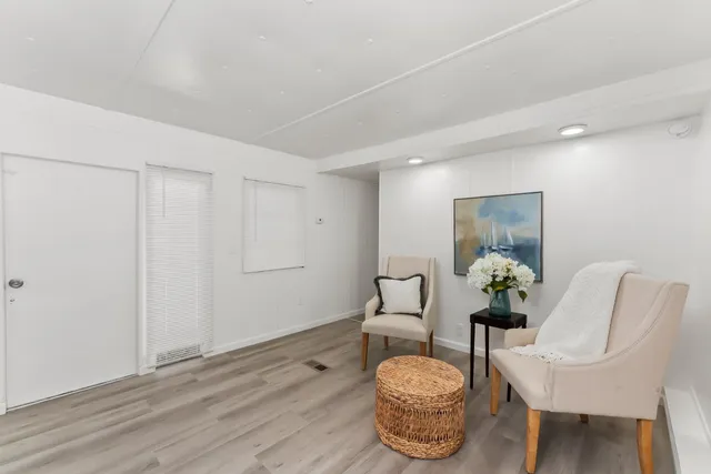 a living room with furniture and a potted plant