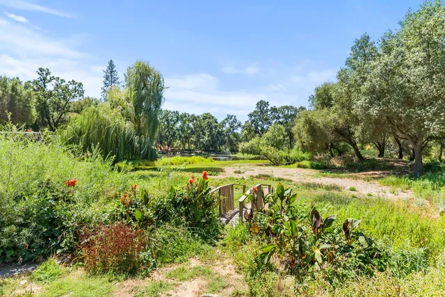 a backyard of a house with lots of green space and lake view