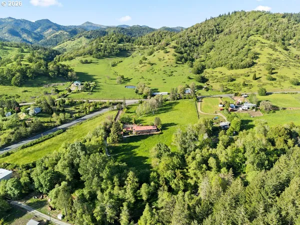 a view of a lush green forest with a lake