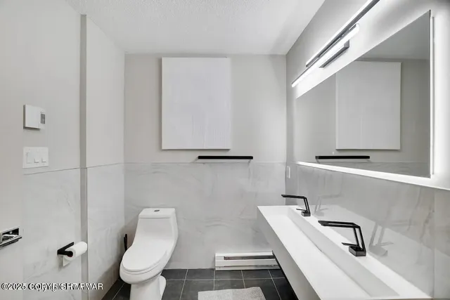 a bathroom with a sink a toilet and mirror