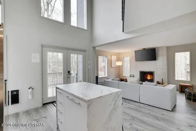 a living room with furniture and a fireplace