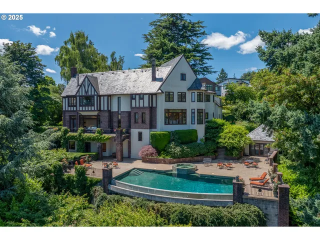 a aerial view of a house with yard and green space