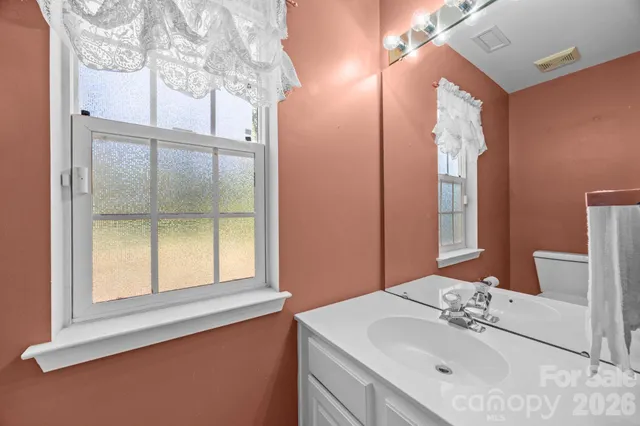 a bathroom with a sink vanity and a mirror
